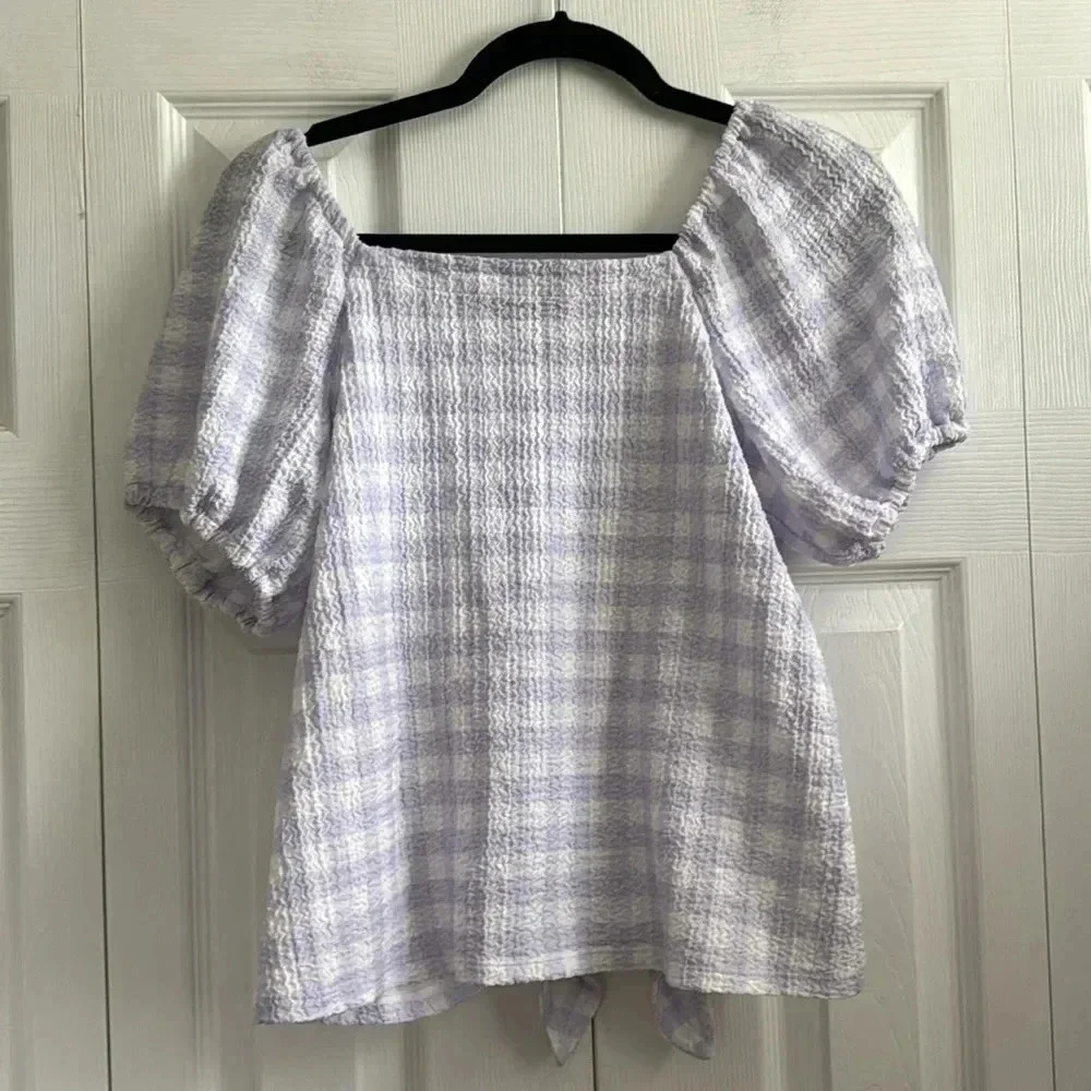 Loft Lavender Gingham off shoulder Tie Knot Puff Sleeve Top Size Petite S
